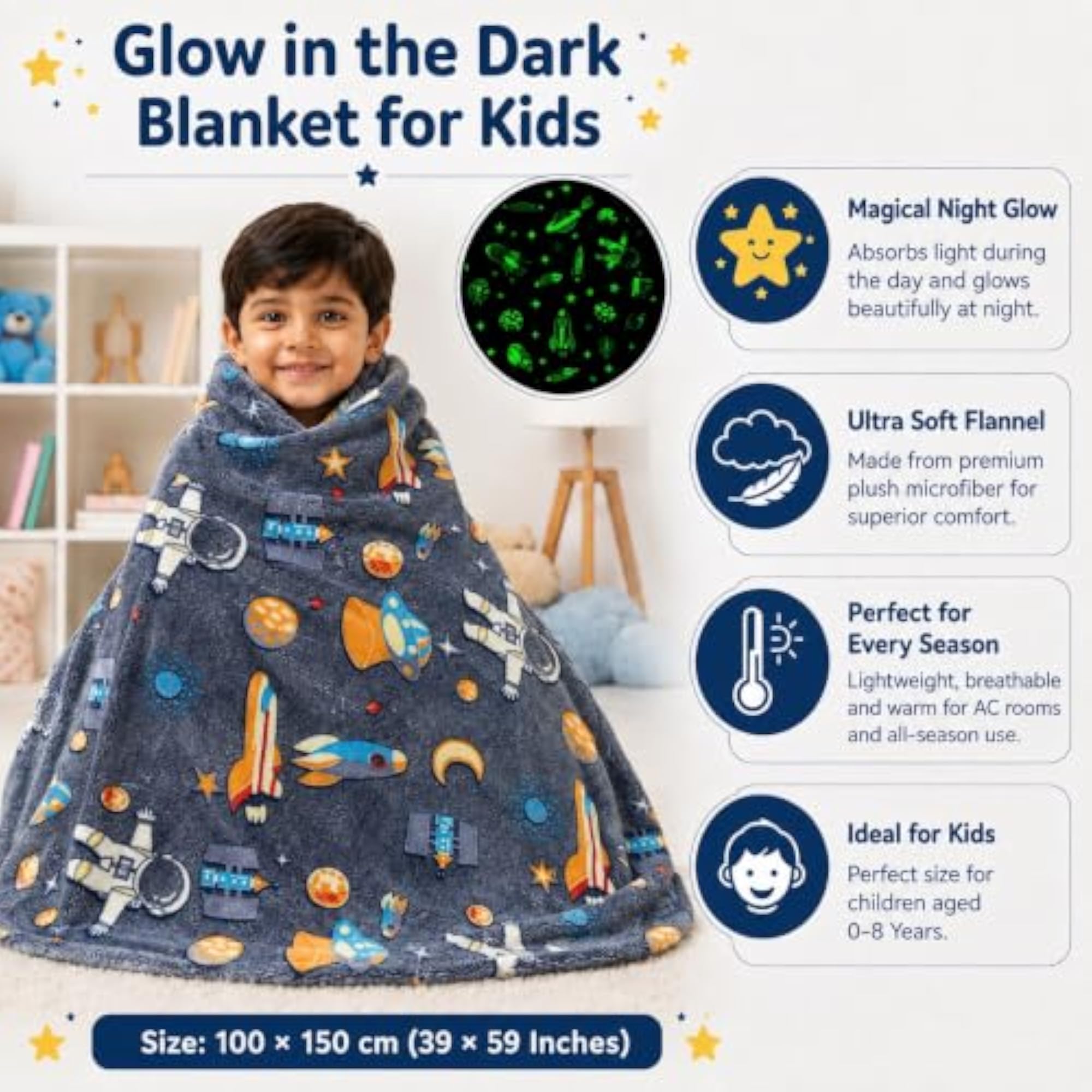 Glow in The Dark Kids Blanket, Soft Flannel